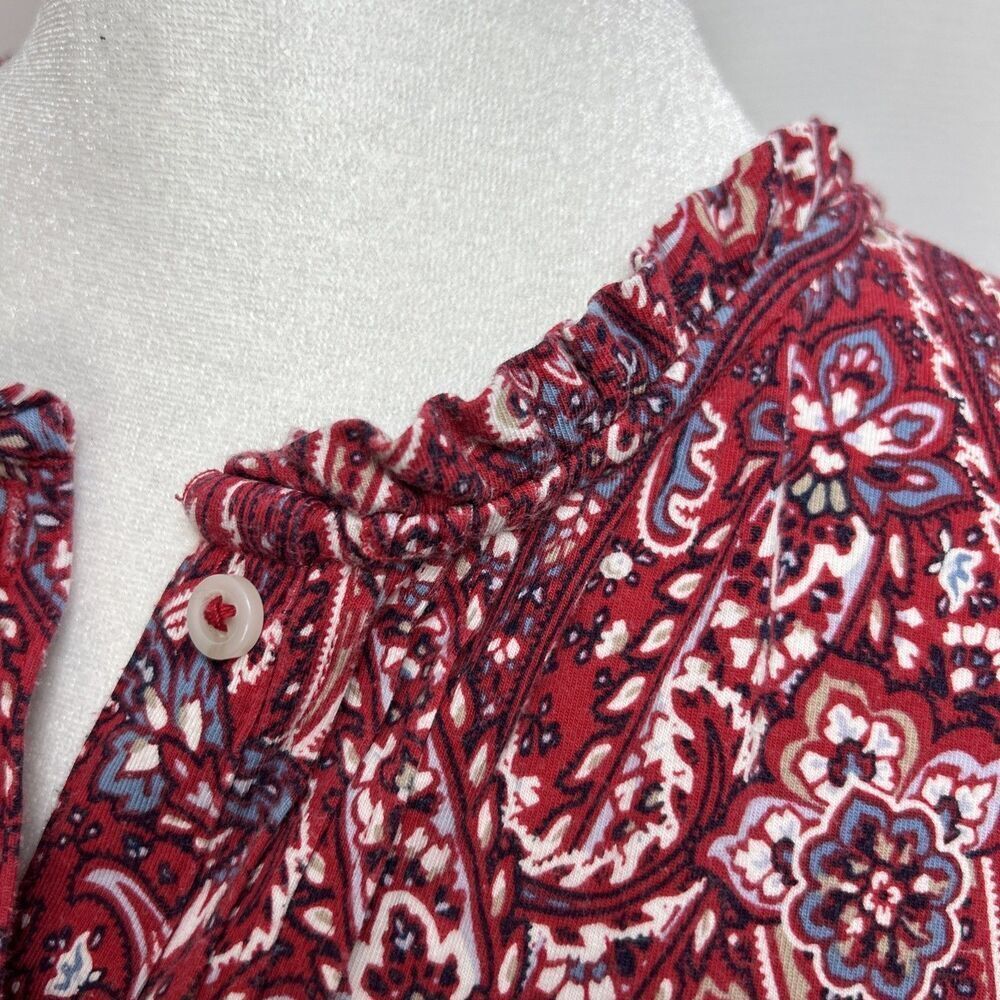 Lands End Women’s Top Size Small Red Paisley Ruffle Neck Sleeves Button Up - Picture 3 of 11